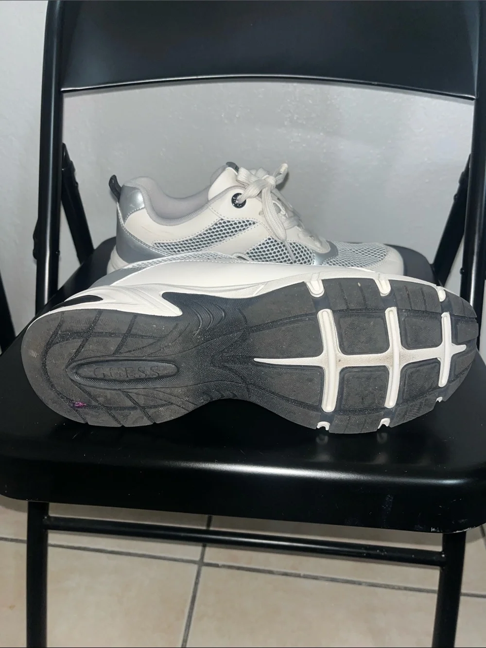 GUESS White and Silver Women's Chunky Lace-Up Sneakers - Picture 4 of 6